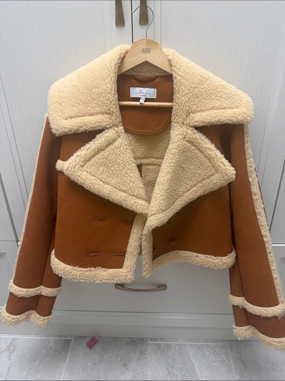 L'Academie Tan Shearling-Lined Aviator Jacket with Cream Trim